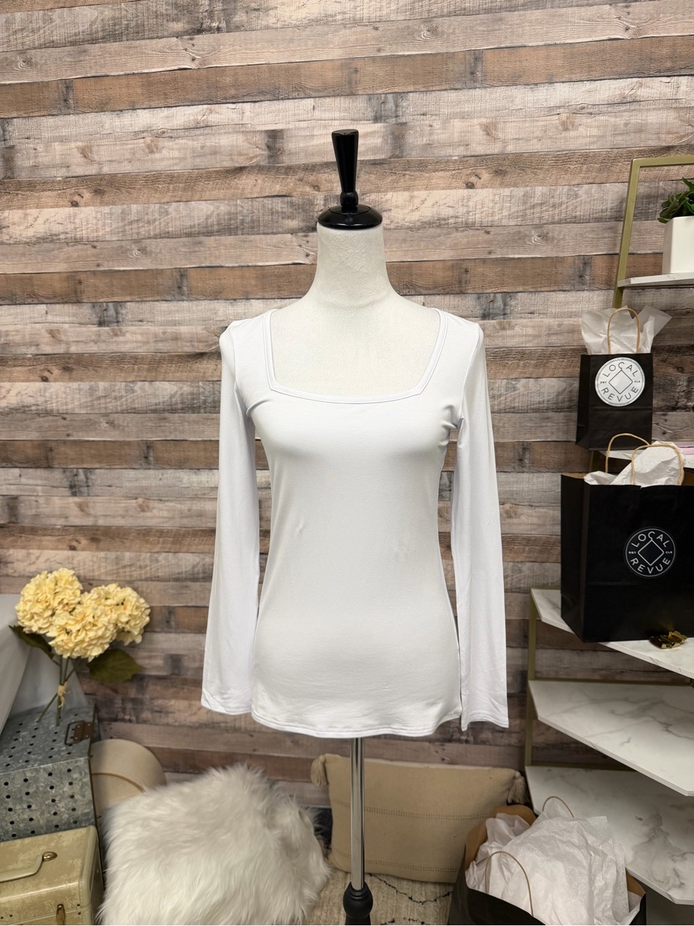 Women's White Long Sleeve Square Neck Tee